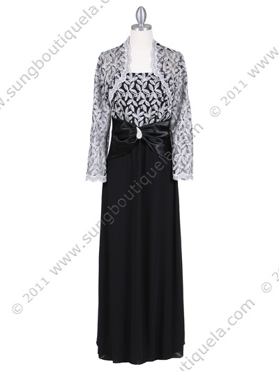 6250 Black/White Evening Dress with Lace Bolero Jacket - Black White, Front View Medium