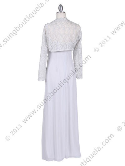 6250 Silver Evening Dress with Lace Bolero Jacket - Silver, Back View Medium