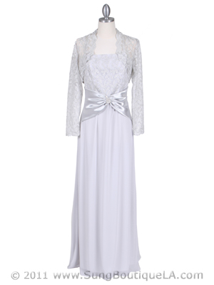 6250 Silver Evening Dress with Lace Bolero Jacket, Silver