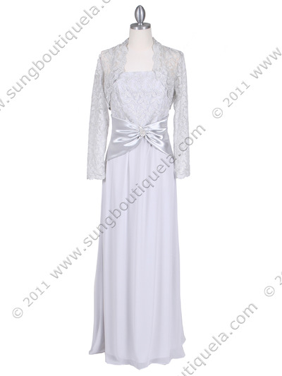6250 Silver Evening Dress with Lace Bolero Jacket - Silver, Front View Medium