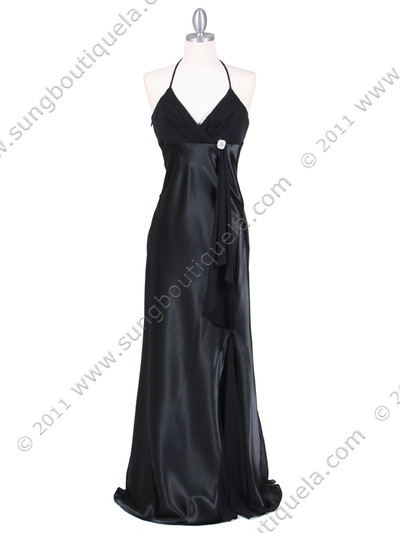6255 Black Evening Dress with Rhinestone Buckle - Black, Front View Medium
