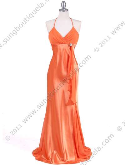 6255 Orange Evening Dress with Rhinestone Buckle - Orange, Front View Medium