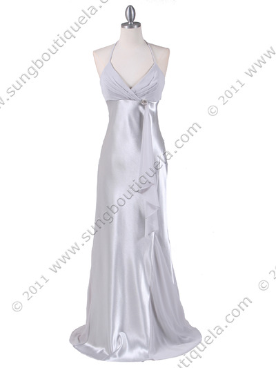 6255 Silver Evening Dress with Rhinestone Buckle - Silver, Front View Medium