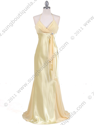 6255 Yellow Evening Dress with Rhinestone Buckle - Yellow, Front View Medium