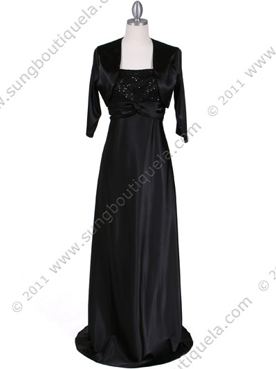 6265 Black Sequins Evening Dress with Bolero Jacket - Black, Front View Medium