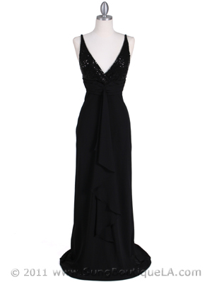 6268 Black Sequins Top Chiffon Evening Dress, Black