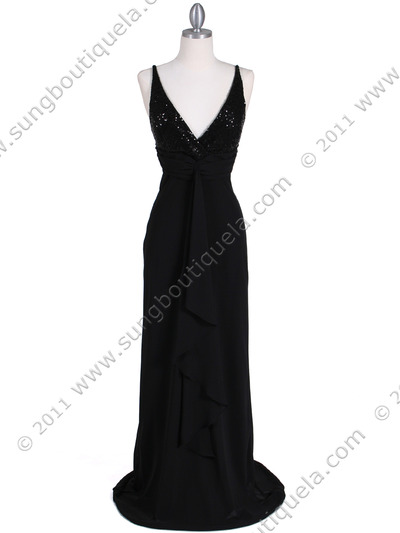 6268 Black Sequins Top Chiffon Evening Dress - Black, Front View Medium