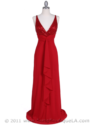 6268 Red Sequins Top Chiffon Evening Dress, Red