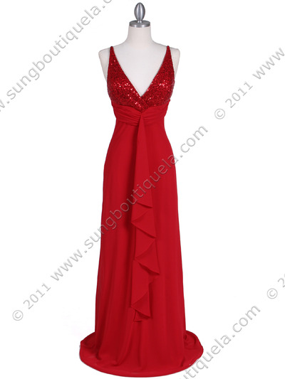 6268 Red Sequins Top Chiffon Evening Dress - Red, Front View Medium