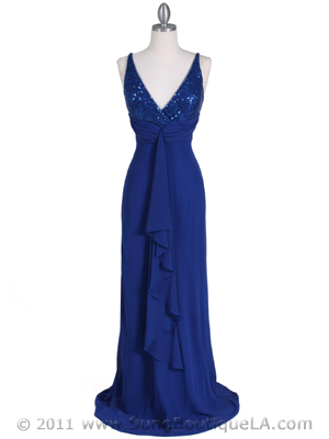 6268 Royal Blue Sequins Top Chiffon Evening Dress, Royal Blue