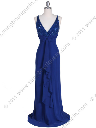 6268 Royal Blue Sequins Top Chiffon Evening Dress - Royal Blue, Front View Medium