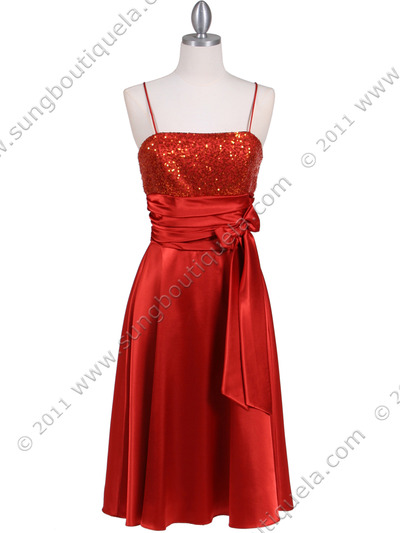 6269 Orange Giltter Tea Length Dress - Orange, Front View Medium