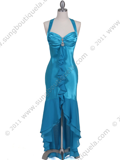 6271 Turquoise Evening Dress with Rhinestone Pin - Turquoise, Front View Medium