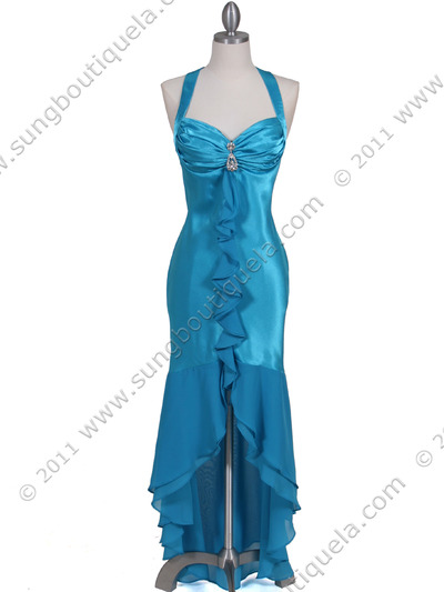 6271 Turquoise Evening Dress with Rhinestone Pin - Turquoise, Front View Medium