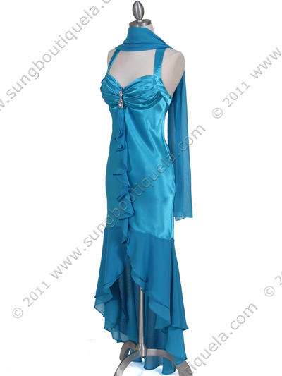 6271 Turquoise Evening Dress with Rhinestone Pin - Turquoise, Alt View Medium