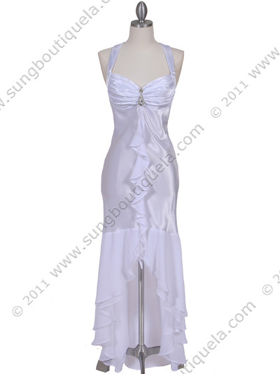 6271 White Evening Dress with Rhinestone Pin - White, Front View Medium