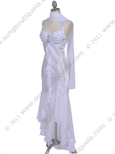 6271 White Evening Dress with Rhinestone Pin - White, Alt View Medium