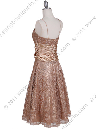 6282 Gold Lace Tea Length Dress - Gold, Back View Medium