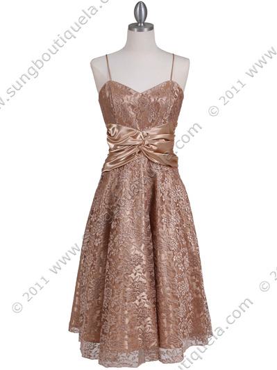 6282 Gold Lace Tea Length Dress - Gold, Front View Medium