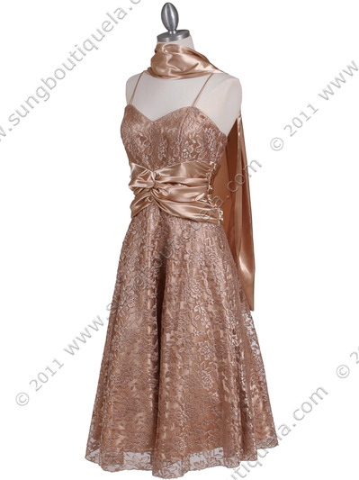6282 Gold Lace Tea Length Dress - Gold, Alt View Medium
