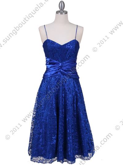 6282 Royal Blue Lace Tea Length Dress - Royal Blue, Front View Medium