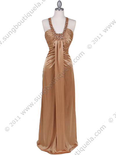 6291 Gold Embellished Evening Dress - Gold, Front View Medium