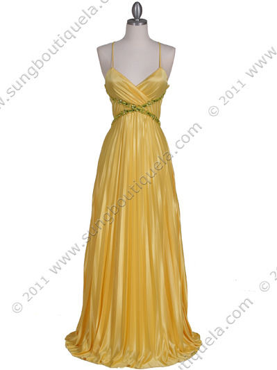 6292 Yellow Pleated Evening Gown - Yellow, Front View Medium