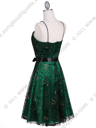 6305 Green Lace Tea Length Dress - Green, Back View Medium