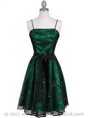 6305 Green Lace Tea Length Dress, Green
