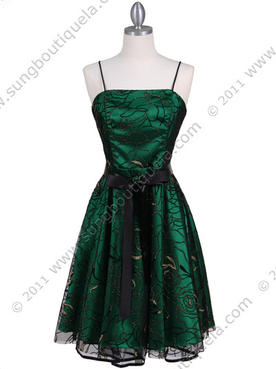 6305 Green Lace Tea Length Dress - Green, Front View Medium