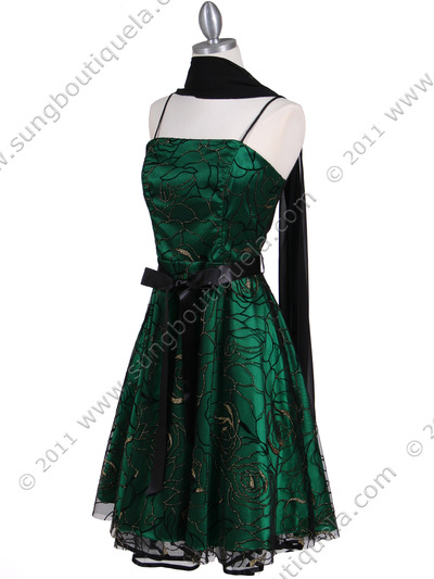 6305 Green Lace Tea Length Dress - Green, Alt View Medium