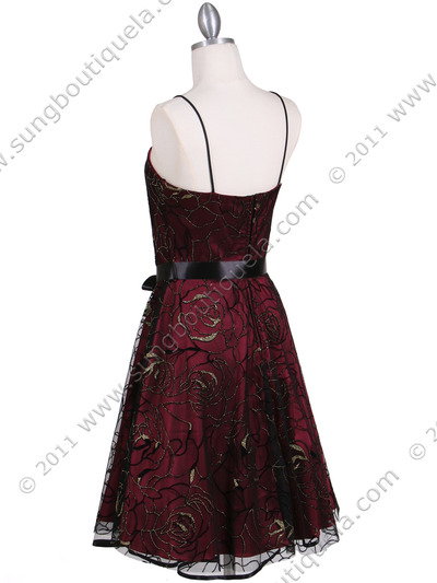 6305 Wine Lace Tea Length Dress - Wine, Back View Medium