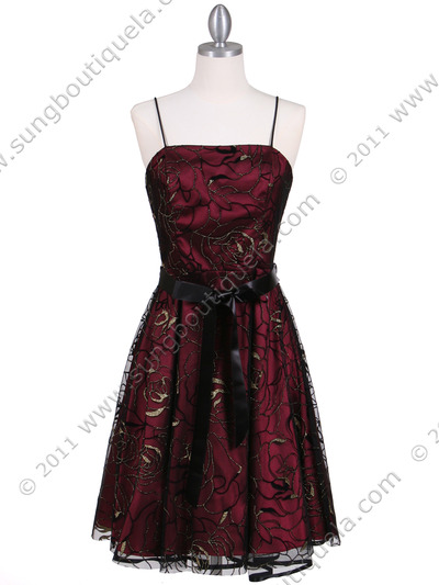 6305 Wine Lace Tea Length Dress - Wine, Front View Medium