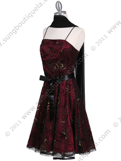 6305 Wine Lace Tea Length Dress - Wine, Alt View Medium