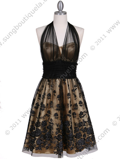 6316 Gold Lace Cocktail Dress - Gold, Front View Medium