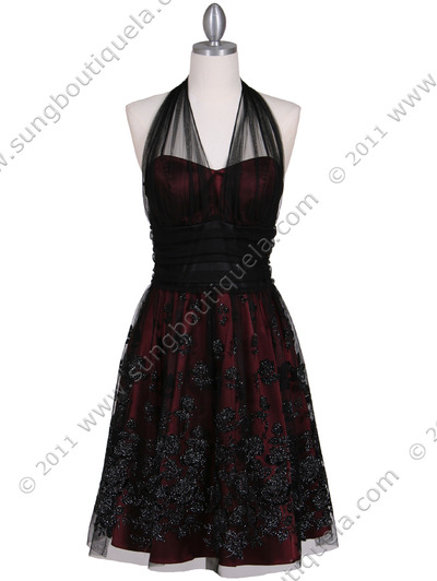 6316 Wine Lace Cocktail Dress - Wine, Front View Medium
