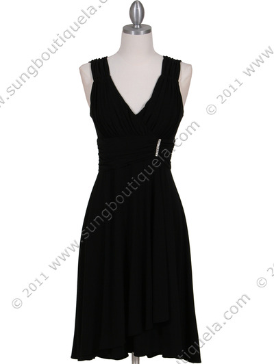 6345 Black Cocktail Dress with Rhinestone Pin - Black, Front View Medium