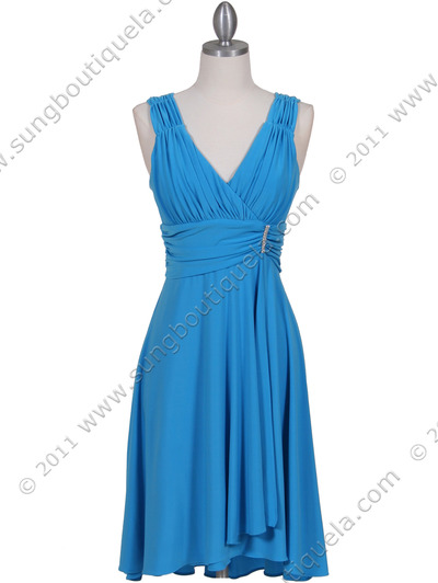 6345 Turquoise Cocktail Dress with Rhinestone Pin - Turquoise, Front View Medium