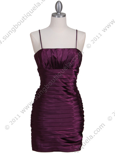 6350 Plum Pleated Cocktail Dress - Plum, Front View Medium