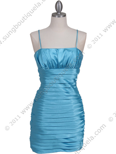 6350 Turquoise Pleated Cocktail Dress - Turquoise, Front View Medium