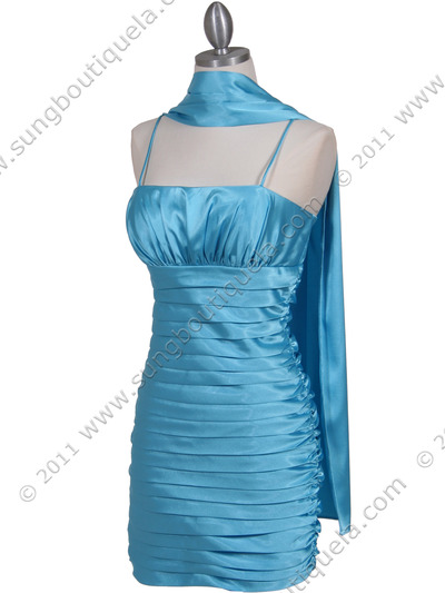 6350 Turquoise Pleated Cocktail Dress - Turquoise, Alt View Medium