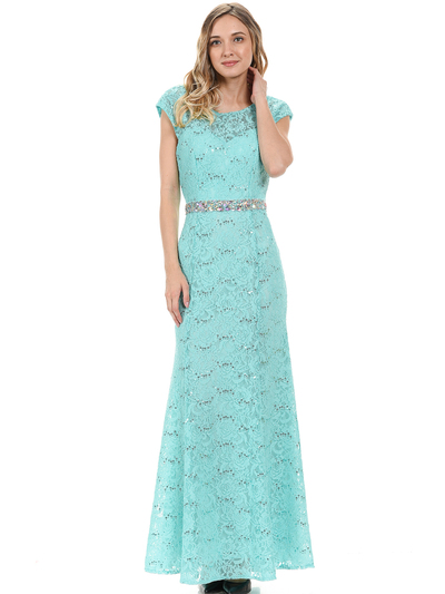 70-5131 Cap Sleeves Long Evening Dress - Mint, Front View Medium