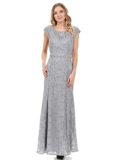 70-5131 Cap Sleeves Long Evening Dress - Silver, Front View Medium