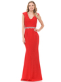 70-5132 V-Neck Long Evening Dress with Sparkling Trim - Red, Front View Thumbnail