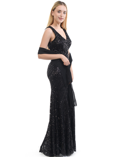 70-5150 Sleeveless V-Neck Sequin Evening Dress - Black, Back View Medium