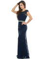 70-5152 Cap Sleeves Lace Overlay Long Evening Dress - Navy, Alt View Thumbnail
