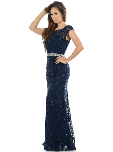 70-5152 Cap Sleeves Lace Overlay Long Evening Dress - Navy, Alt View Medium
