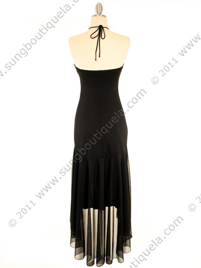 7020 Black Halter Cocktail Dress with Rhinestone Brooch - Black, Back View Medium