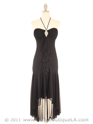 7020 Black Halter Cocktail Dress with Rhinestone Brooch, Black