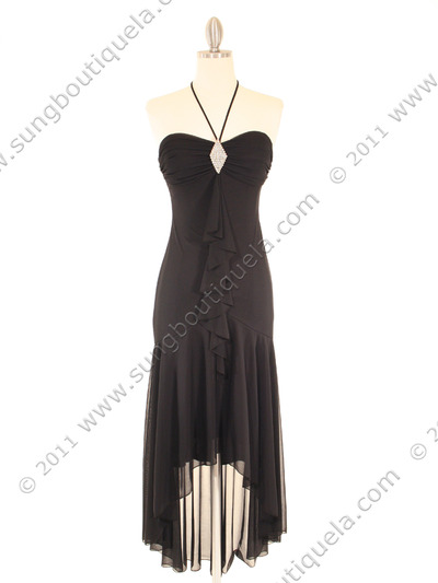 7020 Black Halter Cocktail Dress with Rhinestone Brooch - Black, Front View Medium
